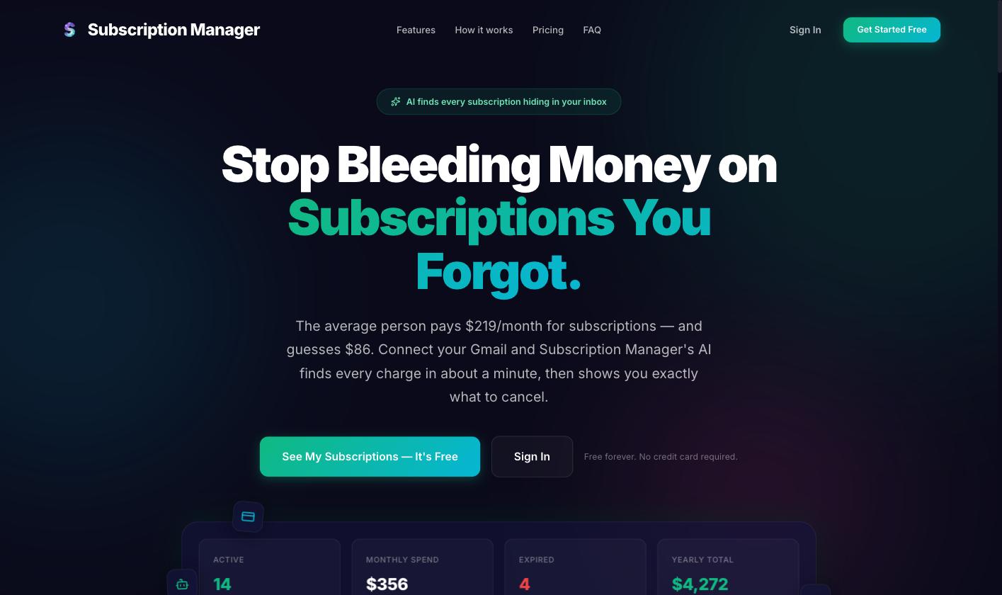 Subscription Manager — AI that finds every subscription hiding in your inbox.
